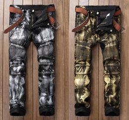 Fashion Streetwear Men Jeans Punk Style Night Club Golden Silver Paint Printed Jeans Men Slim Fit Brand Biker Long Pants7022237