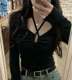 Women's T Shirts 2024 Fashion Lace Up Shirt Women Spring Long Sleeve Sexy V Neck Slim Crop Top Ladies Korean Style Tops Streetwear Tees