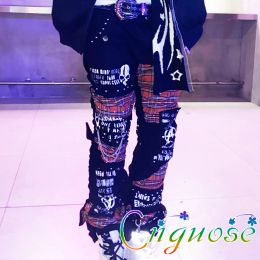 Pants Mens Kill Matt Punk Rock style Japanese hole Skull Pattern Plaid Rivet Pants Streetwear neutral Womens 2023