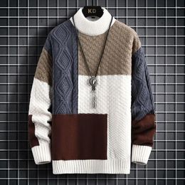 Men's Sweaters 2024 Fashion Mens Knitted Sweater Patchwork Color Striped Casual Turtleneck