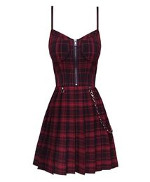 Gothic Girls Red Plaid Pleated Emo Alt Dress Y2K Zip Up Robe Femme Punk Black Strap Mini Short Jurken Goth Streetwear 2205043609240