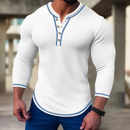 Mens Waffle Solid Colour T-shirt Long sleeve V-cardigan Henry Neck Tee Tops Spring Autumn Casual Comfort Elastic Shirt 240227