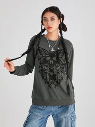 Women's T Shirts Women Sweatshirt Long Sleeve Crew Neck Butterfly Skull Print Hoodie Pullover Casual Tops