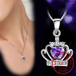 Pendants 925 Sterling Sliver Necklace Queen Princess Crystal Crown Zirconia Heart Pendant For Women 45cm Chain S-N98