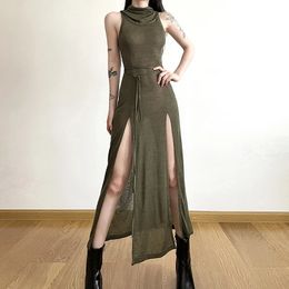 Goth Dark Cyber Gothic Desert Walker Hooded Dresses Y2k Punk Grunge Hollow Out Midi Dress Women Sexy Split Side Solid Streetwear 240219