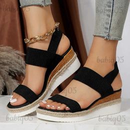 Sandals Stretch Fabric Knitted Wedge Sandals Women Back Elastic Band Platform Sandles Woman Super Size Summer Thick Sole Beach Sandalias T240301