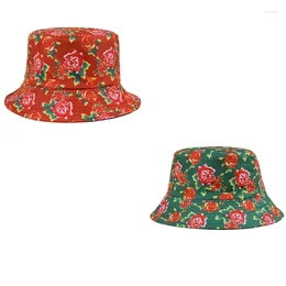 Berets Reversible Bucket Hat Rose Floral Print Cloche For Women Party H7EF