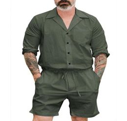 New Men039s Summer Jumpsuit Cargo Short Pants Set Male Short Sleeve Overalls Mens Rompers Single Breasted Jumpsuits8439678