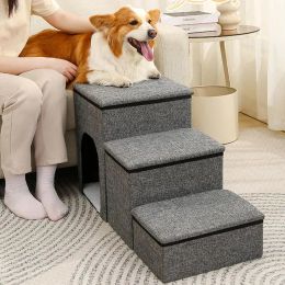 Mats Foldable Pet Stairs With Storage Box 3 Steps Ramp Stairs For Couch Sofa High Bed Puppy Ramp Small Dog Stairs Pet Cat Dog Nest