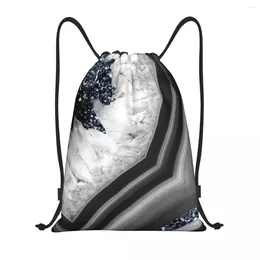 Shopping Bags Grey Black White Agate With Navy Blue Glitter Drawstring Bag Foldable Gym Sackpack Faux Storage Backpacks