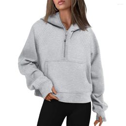 Women's Hoodies Womens Half Zip Cropped Winter Casual Long Sleeve Loose Hooded Sweatshirts Female Fashion Solid Oversize Pullover Tops