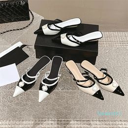 Designer Women Pointed Sandal Slipper Women Mid-heel Shoes Slip-on Lace Hollowing Slipper Summer Pointed Toe Pearl Front Strap Sandals Dress