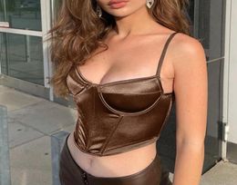 Casual Dresses Hirigin Women39s PU Leather Wrap V Neck Cami Sleeveless Spaghetti Strap Crop Top Mesh Satin Corset Bustier Stree1757634