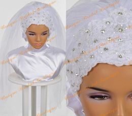 2016 Bridal Hijab with Crystals Rhinestones and Lace Appliques Details Real Pictures Pearls White Muslim Wedding Veils Custom Made8759661