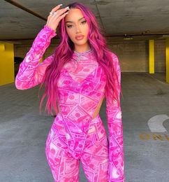 ANJAMANOR Pink Money Print Sheer Mesh Sexy Two Piece Set Women Bodysuit Leggings Matching Sets Party Club Outfits 2020 D85AC15 T26733194