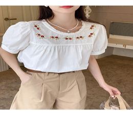 Women039s Blouses Cute Sweet Girls Japanese Style Women Tops Blusas Casual Solid Red Flower Embroidery Retro Vintage Yellow Whi4470003