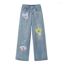 Women's Jeans Korean Cute Puppy Cartoon Blue For Girls Vintage Baggy High Waist Denim Trousers Harajuku Y2k Pants Women Clothes 2024