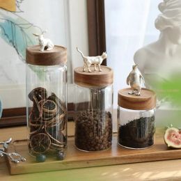 Tools Glass Sealed Jar Coffee Bean Storage Jar with Lid Household Food Tea Cans Wooden Penguin Cover Home Decoration Ornaments