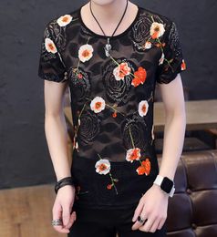 Mens Clothing Hollow Out Lace Rose Embroidery Design Fashion T shirts Crew Neck Breathable Male Tops Size M3XL1484665