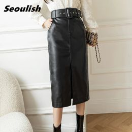 Skirt Seoulish Autumn Winter PU Faxu Leather Women's Milong Wrap Skirts with Belted High Waist Front Split Sheath Pencil Skirt Female