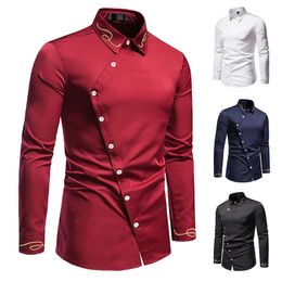 Euro Size Mens Trendy Embroidered Asymmetric Long Sleeve Shirt Western Cowboy High Quality Luxury Dress 240223
