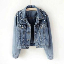 Women's Jackets Pearl Beading Crop Denim Jackets Jeans Bomber Long Sleeve Denim Coat Plus Size outwear ED 240301