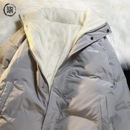 Hybskr Fleece Thicken Letter Graphic Men Winter Coat Stand Collar Oversize Parkas Korean Style Male Padded Coat Warm Jackets 240220