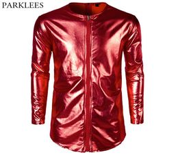 Hip Hop Longline T Shirt Men 2018 New Shiny Red Metallic Mens Tshirts Slim Fit Long Sleeve Nightclub Tee Shirt Homme Top Tees6863992