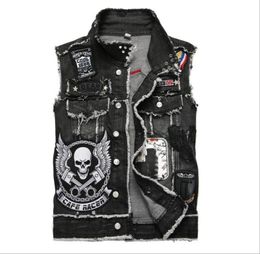 Mens Punk Denim Vests Black Skull Embroidery Denim Waistcoat Slim Fit Fashion Jeans Sleeveless Jacket Male Vest Tops Asian Size1867868