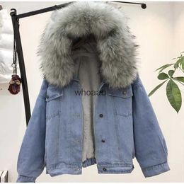 Women's Jackets jean Winter Thick Jean Faux Fur Collar Fleece Hooded Denim Coat Warm Denim Outwea 240301