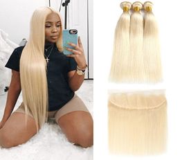 Full 613 Blonde Brazilian Virgin Hair 3 Bundles With 13x4 Lace Frontal Straight 100 Human Hair Weave Blonde Bundles With Frontal 6790163