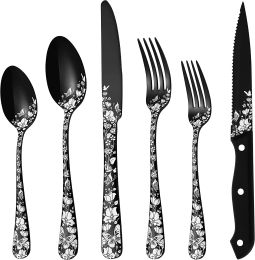 Sets 24Piece Silverware Set with Steak Knives for 4, Unique Stainless Steel Flatware Cutlery Set, Include Fork Spoon Knife Set