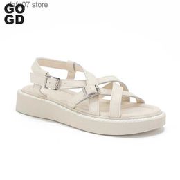 Sandals GOGD Genuine Leather Fashion Womens Summer Sandals 2023 New Casual Flats Strap Peep Toe Beach Comfortable Roman Walking ShoesH2431