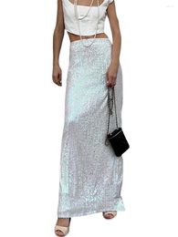 Skirts Women High Waist Sequin Long Back Split Zipper Shiny Bodycon Skirt Sexy Solid Colour Slim Fitted Maxi