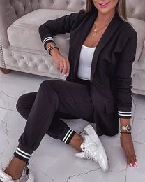 Striped Shawl Neck Coat Cuffed Pants Set Two Piece Sets Women Turn Down Collar Coats Long Suits Casual Autumn 240226