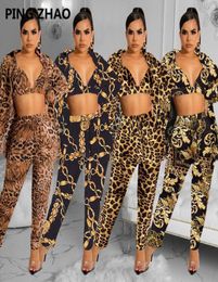 Women039s Two Piece Pants Leopard Chain Print 3 Sets Bra Top Long Sleeve Shirt Coat And Fashion Sexy Autumn Clothing Suits4140157