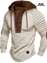 Mens Solid Color Casual Tshirt Top Long Sleeved Shirt Slim Fit Pleated Hood Street Vacation Lace Up Patchwork Clothing 240220