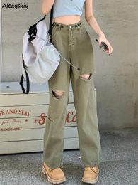 Women's Jeans Hole Women Army Green Vintage Streetwear Spring Loose Casual All-match Straight BF Students Simple Unisex Ulzzang