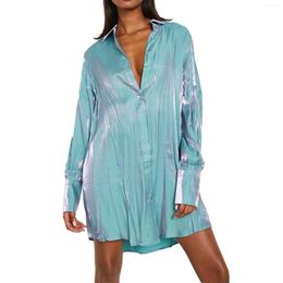 Women's Blouses Summer Sparkle Long Shirt Fashion Solid Colour Sleeve Turn-Down Collar A-Line Loose Dress