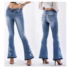 Women's Jeans Female Skinny Denim Leg Embroidered Bell Bottoms Wide Pants Y2k Trousers