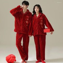 Women's Sleepwear 2024 Coral Velvet Couple Pyjamas Lywed Women Men Autumn Winter Loungewear Plush Red Wedding Thickening Set Homewear