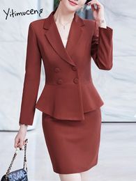 Yitimuceng Solid 2 Piece Sets for Women Fashion Office Ladies Double Breasted Notched Blazers Casual Slim Mini Skirt Suits 240226