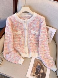Autumn Korean Vintage Loose Rainbow Striped Knitted Cardigan Sweater Women Long Sleeve Mixed Colour Single Breasted Pockets Tops 240227