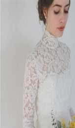 Vintage High Neck Long Sleeve Lace Appliques Wedding Bolero Cap Jackets Sheer Bridal Ivory White Custom Jacket Size S M L XL7708204