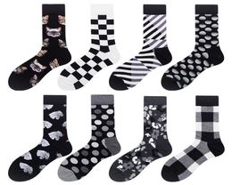 Harajuku Style Men Socks Black White Plaid Dot Cat Pattern Happy Socks New Hip Hop Combed Cotton Calcetines 2pcs1pairs2520904