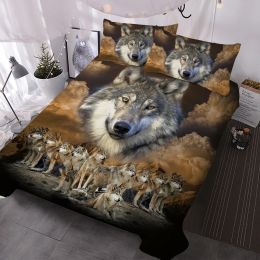 Set Clouds And Wolves Design Bedding Set Decorative 3 Piece Duvet Cover with 2 Pillow Shams Sheer Curtains