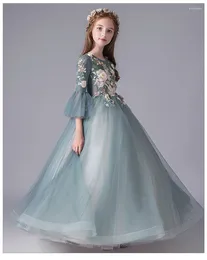 Girl Dresses Pretty Blue Lace 3D Flower Kids Communion Long Party Ball Gowns Pageant Wedding For Girls