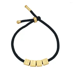 Charm Bracelets Black String Cube Letter Bracelet For Man Gold Color 26 CZ Plated Beads Jewerly DIY Initial Rope