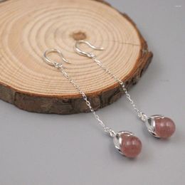 Dangle Earrings Genuine Real 925 Sterling Silver With Rose Quartz Bead 62mm Length