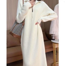 Casual Dresses Women Turtleneck Zipper Knit Warm Dress 2024 Autumn Winter Clothes Fashion Solid Loose Female Bottom Long Sweater